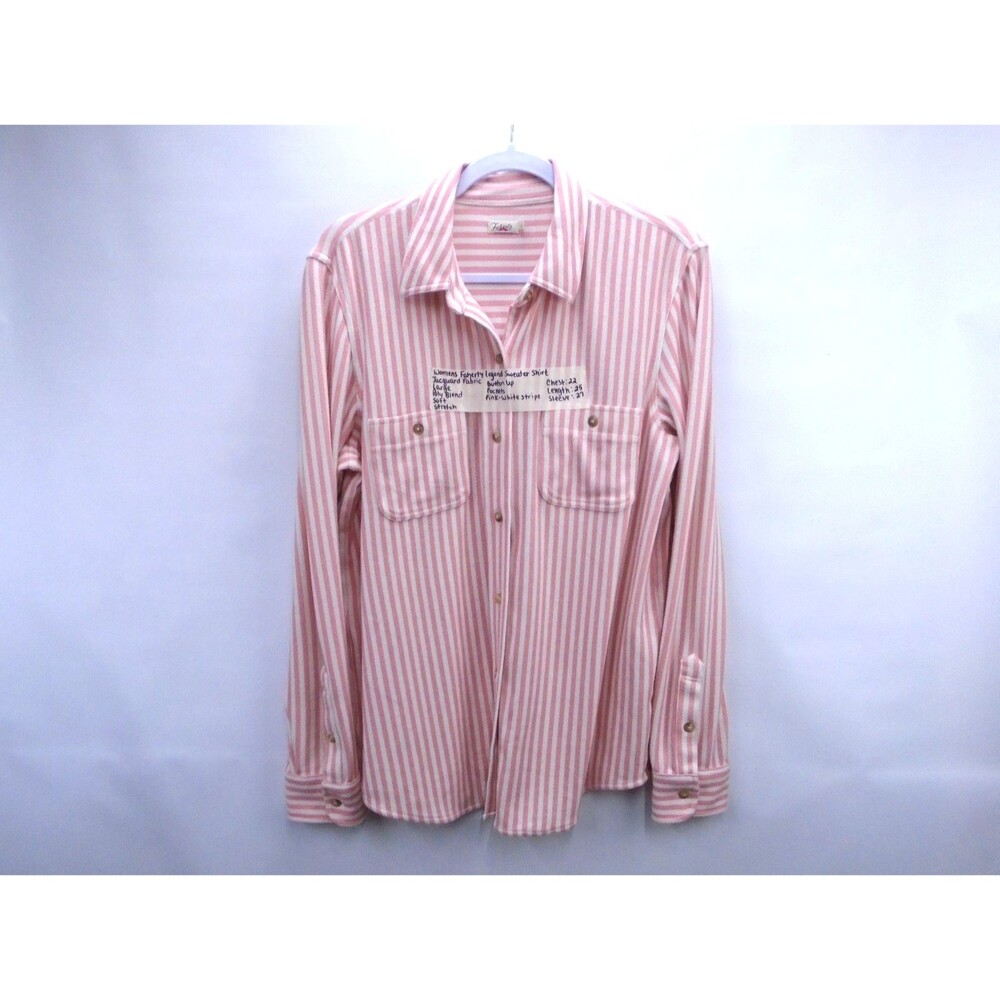 Faherty Legend Sweater Shirt Womens L Pink White Striped Jacquard Button Up
